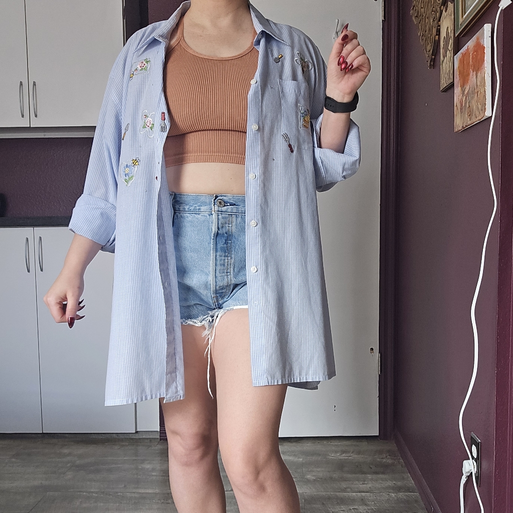 Vintage 90s Gingham Blue Embroidered Shirt